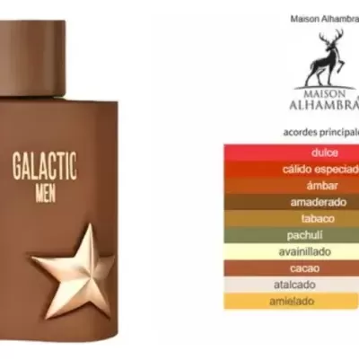Frasco de perfume masculino galactic men marrom com estrela dourada e gráfico de fragrâncias.