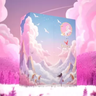 Caixa ilustrada com montanhas, nuvens e cavalos alados em tons rosa e azul