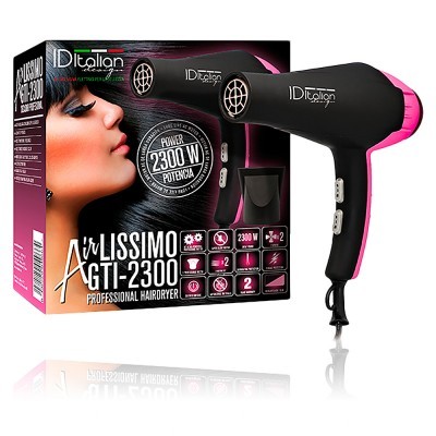 Secador de cabelo profissional preto e rosa com caixa