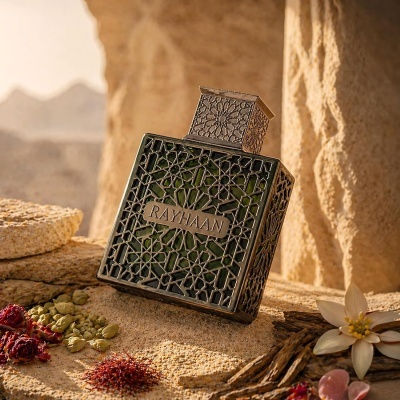 Frasco de perfume metálico decorativo com padrão geométrico e texto RAYHAAN
