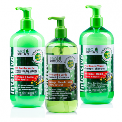 Três frascos de 500 ml de produtos capilares Real Natura Pro-Bomba Verde com tampa bomba verde
