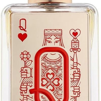 Garrafa de perfume com design da Dama de Copas e detalhe Q vermelho