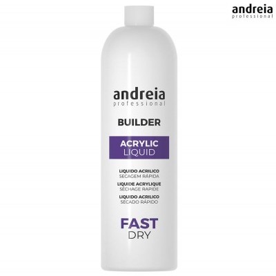 Frasco branco de líquido acrílico para unhas da marca Andreia Professional com texto preto e roxo