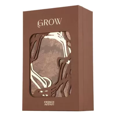 Embalagem castanha com recorte em forma de ramos e texto Grow French Avenue