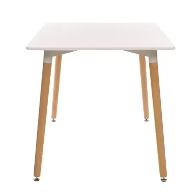 Mesa quadrada com tampo branco e pernas de madeira