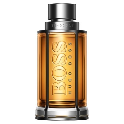 Frasco de perfume Hugo Boss The Scent com líquido âmbar e texto gravado