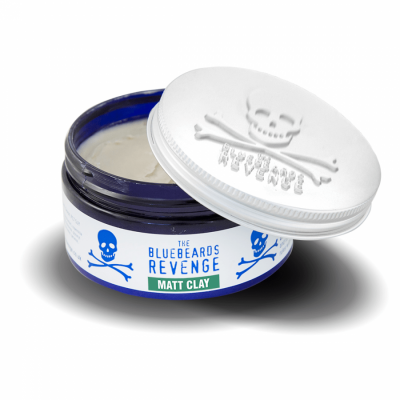 Pote de creme para cabelo azul escuro com tampa branca e símbolo de caveira.