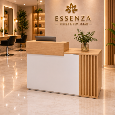 Receção de salão de beleza com logo ESSENZA BELEZA & BEM-ESTAR