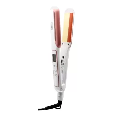 Alisador de cabelo branco e rosa com placas de cerâmica douradas