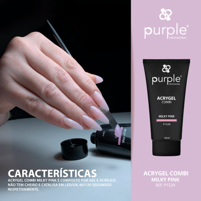 Mãos femininas aplicando esmalte em gel cor rosa claro junto a produto ACrygel Combi Milky Pink da Purple Professional