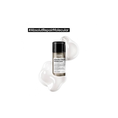 Produto cosmético L'Oréal Absolut Repair Molecular com textura cremosa branca e hashtag