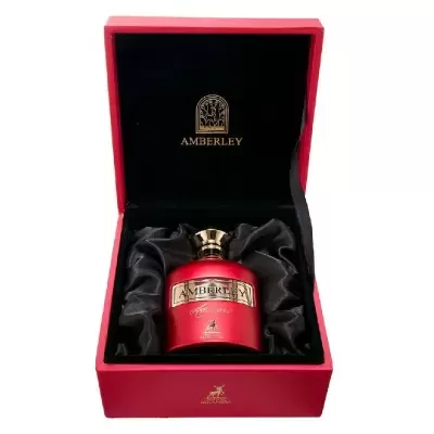 Frasco vermelho de perfume AMBERLEY numa caixa acolchoada vermelha e preta