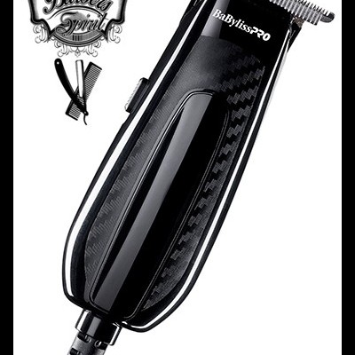Máquina de cortar cabelo BaBylissPRO preta com textura de fibra de carbono e logotipo Barbers Spirit