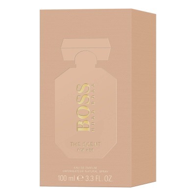 Caixa de perfume Boss Hugo Boss The Scent for Her bege com texto dourado.