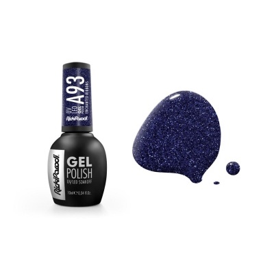 frasco de verniz gel preto e amostra azul glitter