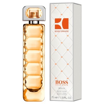 Perfume BOSS Orange Woman em frasco âmbar com tampa prateada e caixa branca acolchoada