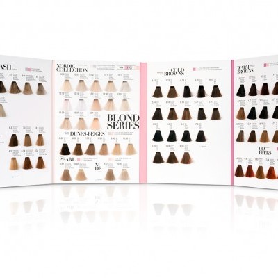 Painel com amostras de cores de tintas para cabelo da marca ASH em várias tonalidades