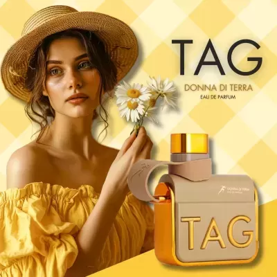 Perfume TAG DONNA DI TERRA com mulher e flores em fundo amarelo xadrez
