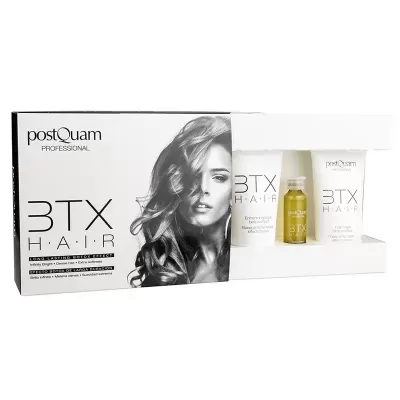 Conjunto de cuidados capilares BTX HAIR postQuam com caixa branca e frascos, imagem de mulher em preto e branco