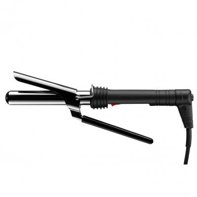 Modelador de cabelo preto com cilindro metálico brilhante e cabo com sulcos