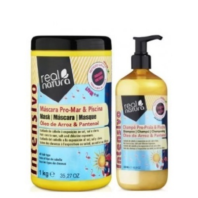 Conjunto Real Natura Máscara e Champô Pro-Mar & Piscina em embalagens amarelas e pretas