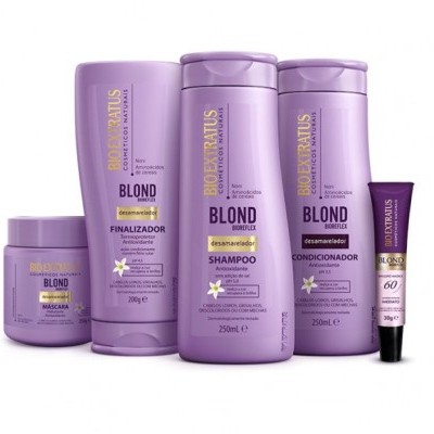 Produtos Bio Extratus Blond em embalagens lilás de tamanhos variados.