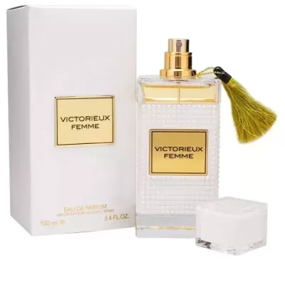 Frasco de perfume VICTORIEUX FEMME com caixa branca e detalhe dourado