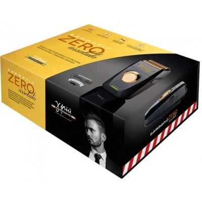 Caixa preta e amarela de máquina de cortar cabelo Gamma Zero Absolute com imagem do produto e homem com cabelo estilizado