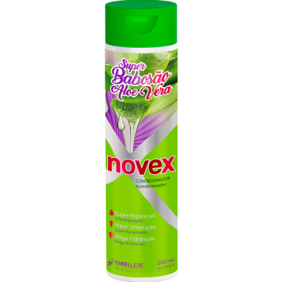 Frasco verde e lilás de condicionador Novex Super Babosão Aloe Vera