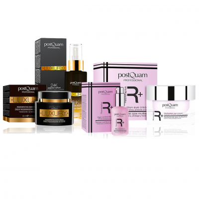 Produtos cosméticos postQuam Professional embalagens pretas, douradas e rosas