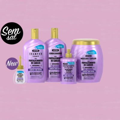 Conjunto de produtos capilares lilás com tampas douradas e rótulos com texto em português em fundo rosa.