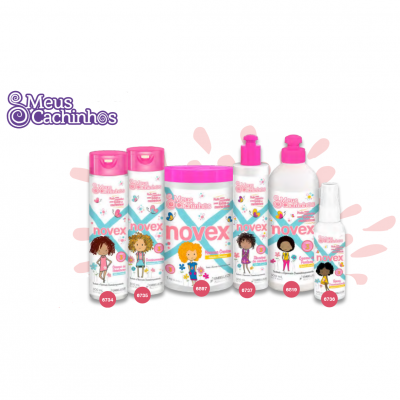 Conjunto de produtos capilares Novex Meus Cachinhos com desenhos infantis e embalagens brancas e rosas.