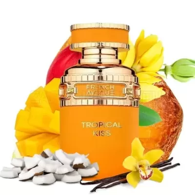 Frasco de perfume Tropical Kiss laranja com tampa dourada e frutas tropicais atrás