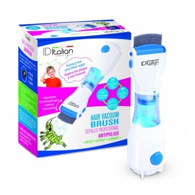 Escova aspiradora antipulgas branca e azul com caixa colorida ao fundo