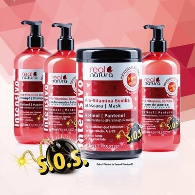 Produtos Real Natura Pro-Vitamina Bomba em embalagens vermelhas com rótulos brancos e vermelhos