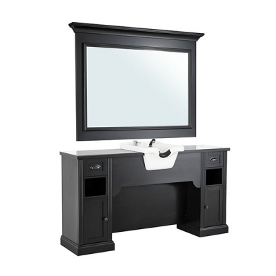 Móvel de casa de banho preto com lavatório branco e grande espelho de moldura preta