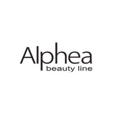 Logótipo da marca Alphea beauty line em texto preto sobre fundo branco.