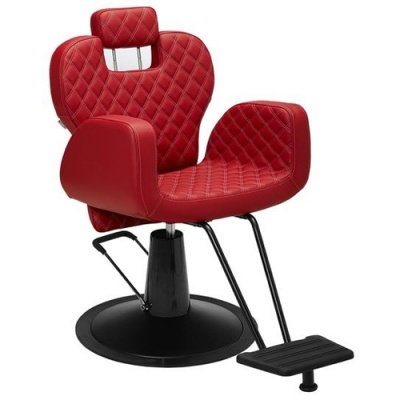 Cadeira de barbeiro vermelha com padrão matelassé e base preta