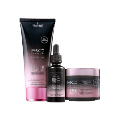Conjunto de produtos para cabelo Schwarzkopf BC Bonacure Fibre Force em embalagem preta e rosa