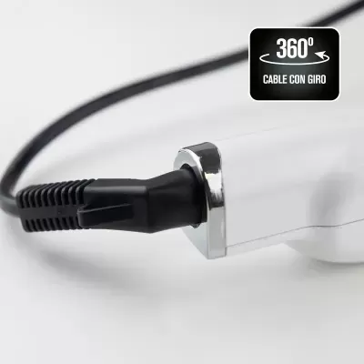 Cabo eléctrico preto ligado a objeto branco com ícone 360° CABLE CON GIRO