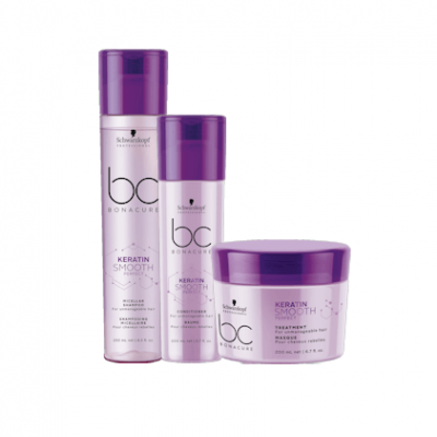 Três produtos Schwarzkopf Bonacure Keratin Smooth em frascos brancos com tampas roxas