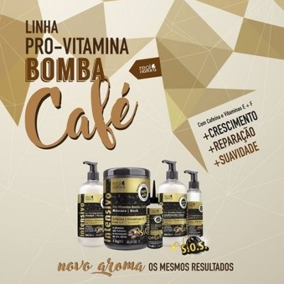 Produtos capilares da linha PRO-VITAMINA BOMBA Café com embalagens bege, preto e dourado
