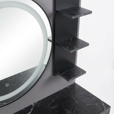 Móvel de casa de banho preto com textura de mármore e espelho redondo com luz LED