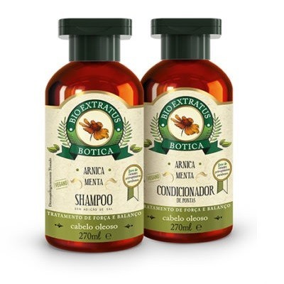 Frascos de shampoo e condicionador Bio Extratus Botica Arnica e Menta para cabelo oleoso de 270ml