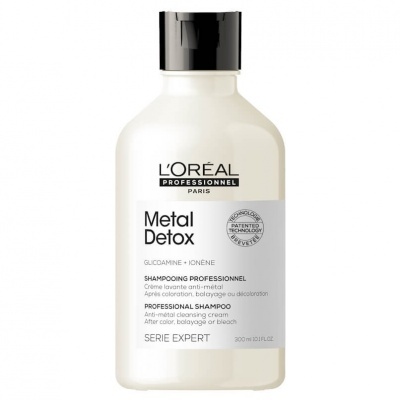 Frasco branco com tampa preta de shampoo L'Oréal Metal Detox
