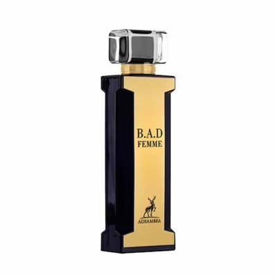 Frasco retangular de perfume B.A.D FEMME com corpo preto e frente dourada