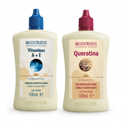 Dois frascos Bio Extratus Vitaminas A+E e Queratina para cabelos com tampas azul e vermelho
