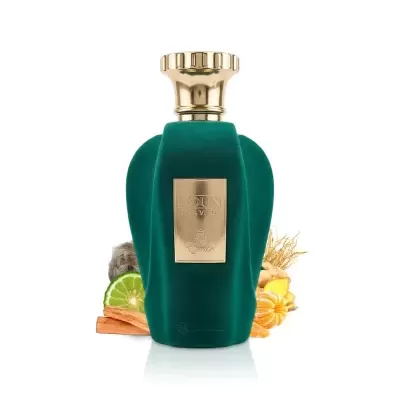 Frasco de perfume verde escuro com tampa dourada e placa frontal dourada