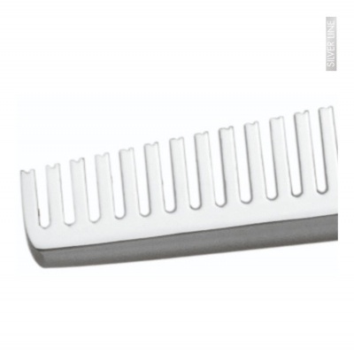 Pente branco de dentes largos de plástico com etiqueta SILVER LINE