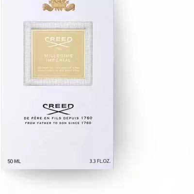 Embalagem de perfume CREED MILLESIME IMPÉRIAL branca com detalhes dourados e preto